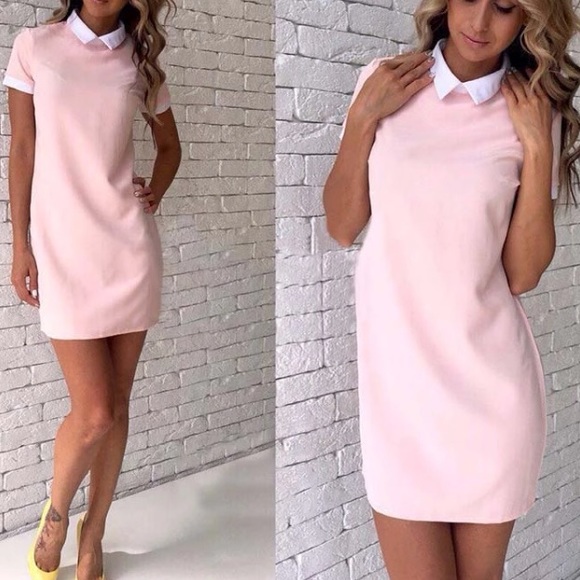 Dresses & Skirts - Pink And White Collared Mini Shirt Dress sz M
